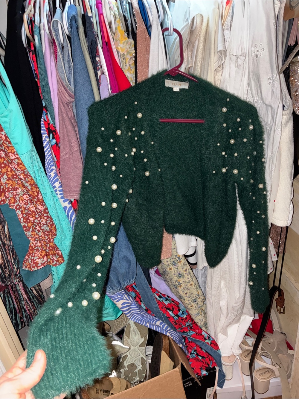 Pearl-Embellished Dark Green Cropped Cardigan